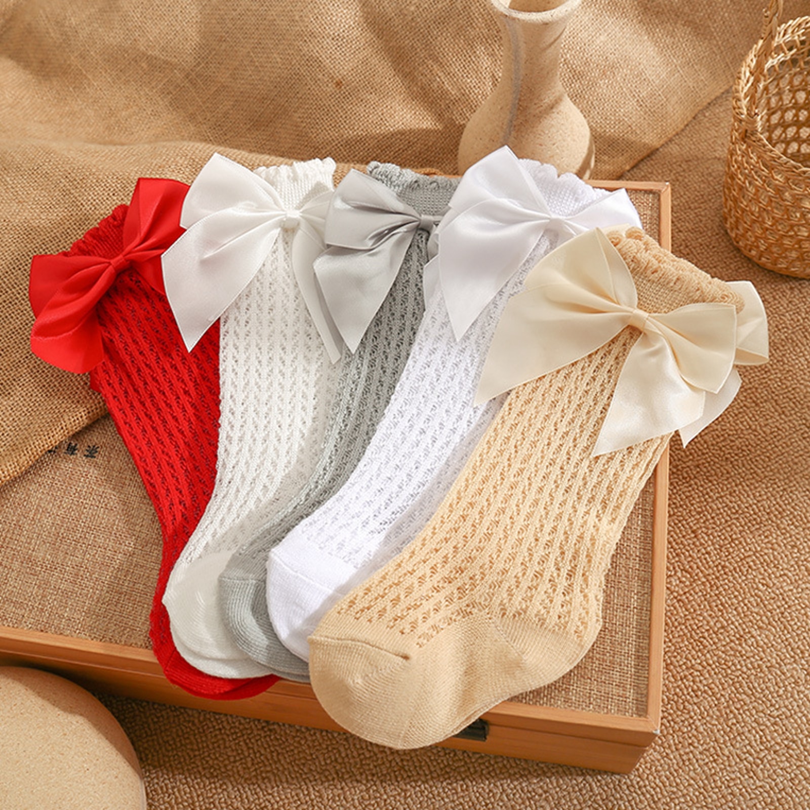 Toddler Girls Royal Style Bow Knee High Fishnet Socks Baby Toddler Bowknot In Tube Socks Kid Hollow Out Sock Sox 0-3Y
