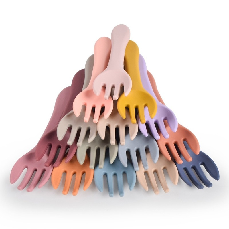 2pcs Candy Color Baby Soft Silicone Spoon Fork Baby Learning Feeding Accessories Non-Slip Spoon Kids Boy Girl Food Feeding Tools