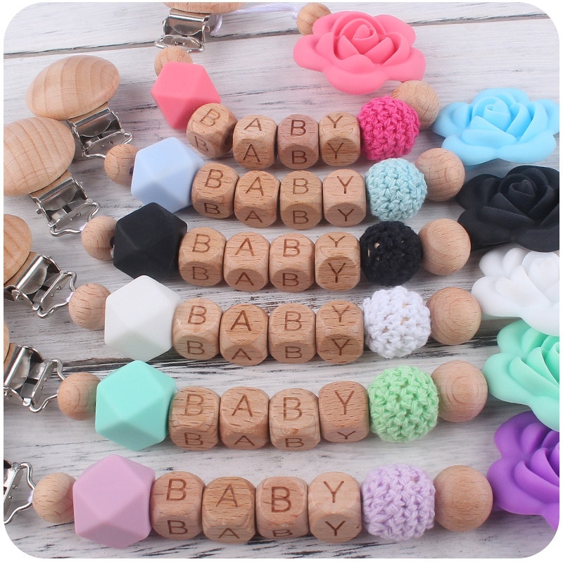 Beech Wood Chew Beads Pacifier Clips Dummy Chain Holder Cute Soother Chains Baby Teething Toy Baby Chew Pacifiers Leashes