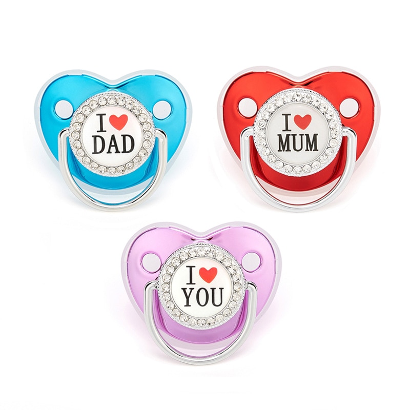 Pacifier Baby Shower Gift Bling Baby Dummy Silicone BPA Free Infant Nipple Newborn Pacifiers For Babies I Love Mum Dad