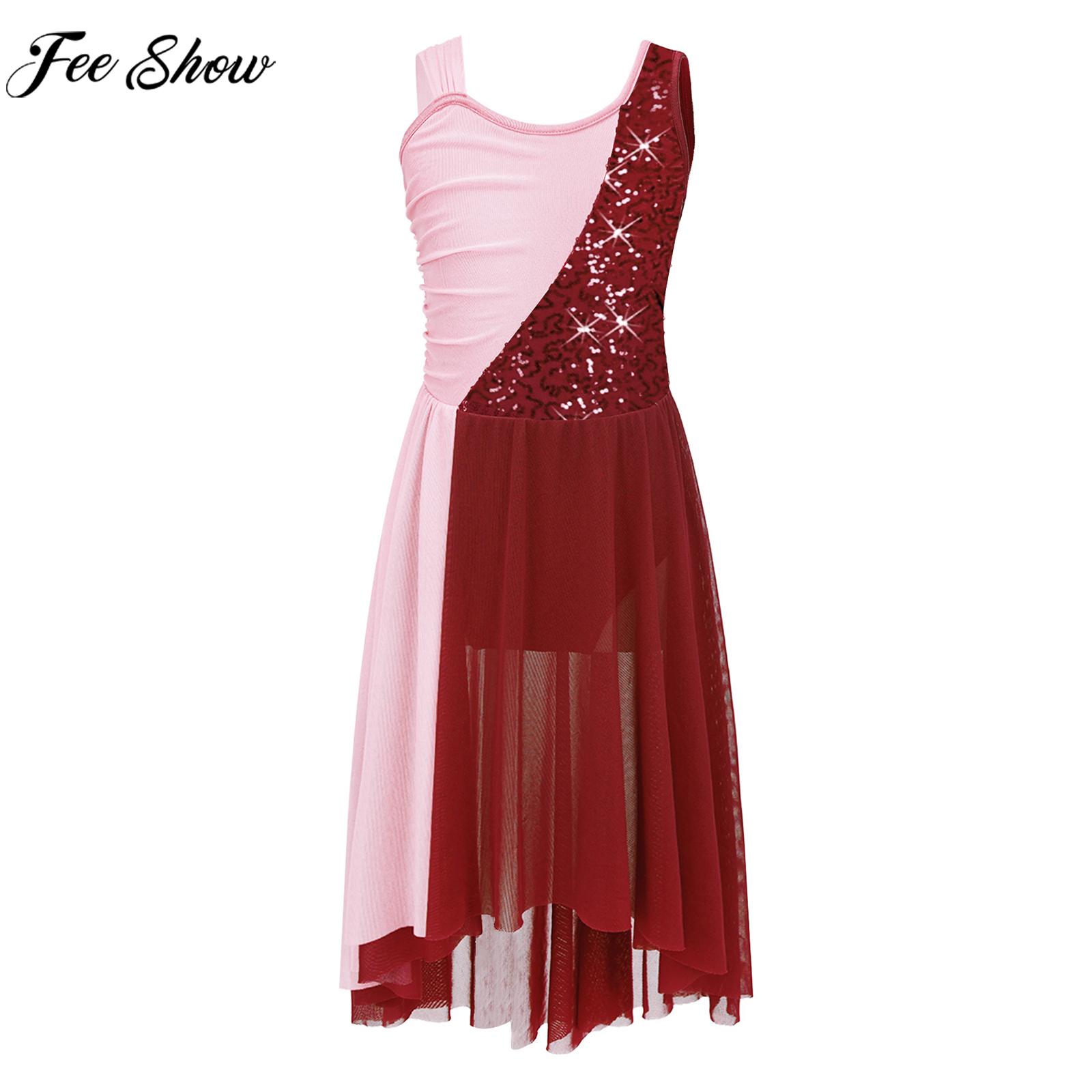 Teens Girls Lyrical Dance Dress Ballet Gymnastics Leotard Tutu Church Choir Clothes Sleeveless Shiny Sequin Irregular Hem Dress