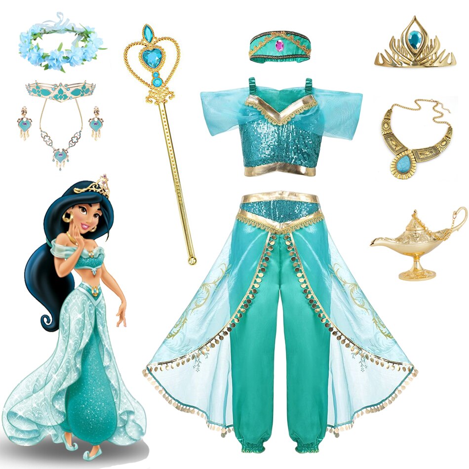 Disney Jasmine Princess Dress of Birthday Party Carnival Cosplay Aladdin agic Lamp Girls Costume Top+Pants+Headband Clothing Set