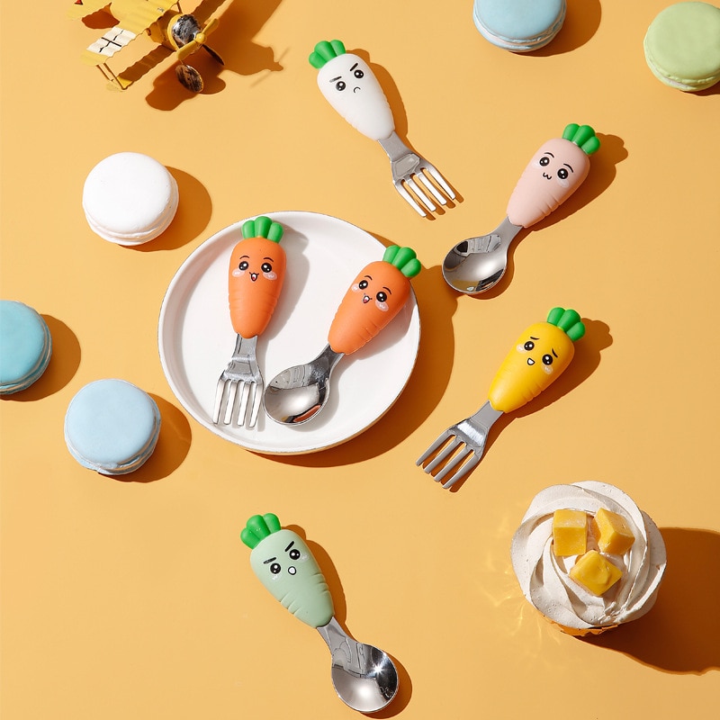 Cute Carrots Baby Tableware Feeder Stainless Steel Spoon Fork Flatware Children Kid Training Dinnerware Feeding Kitchen Supplies