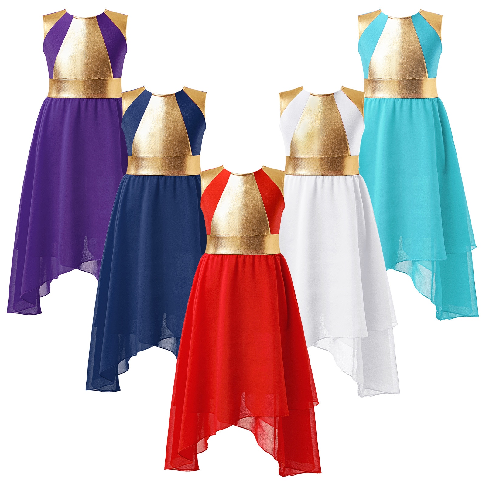 Kids Girls Lyrical Dance Dresses Sleeveless Round Neckline Fashion Costumes Modern Ballet Dance Dress Irregular Hem Long Dresses