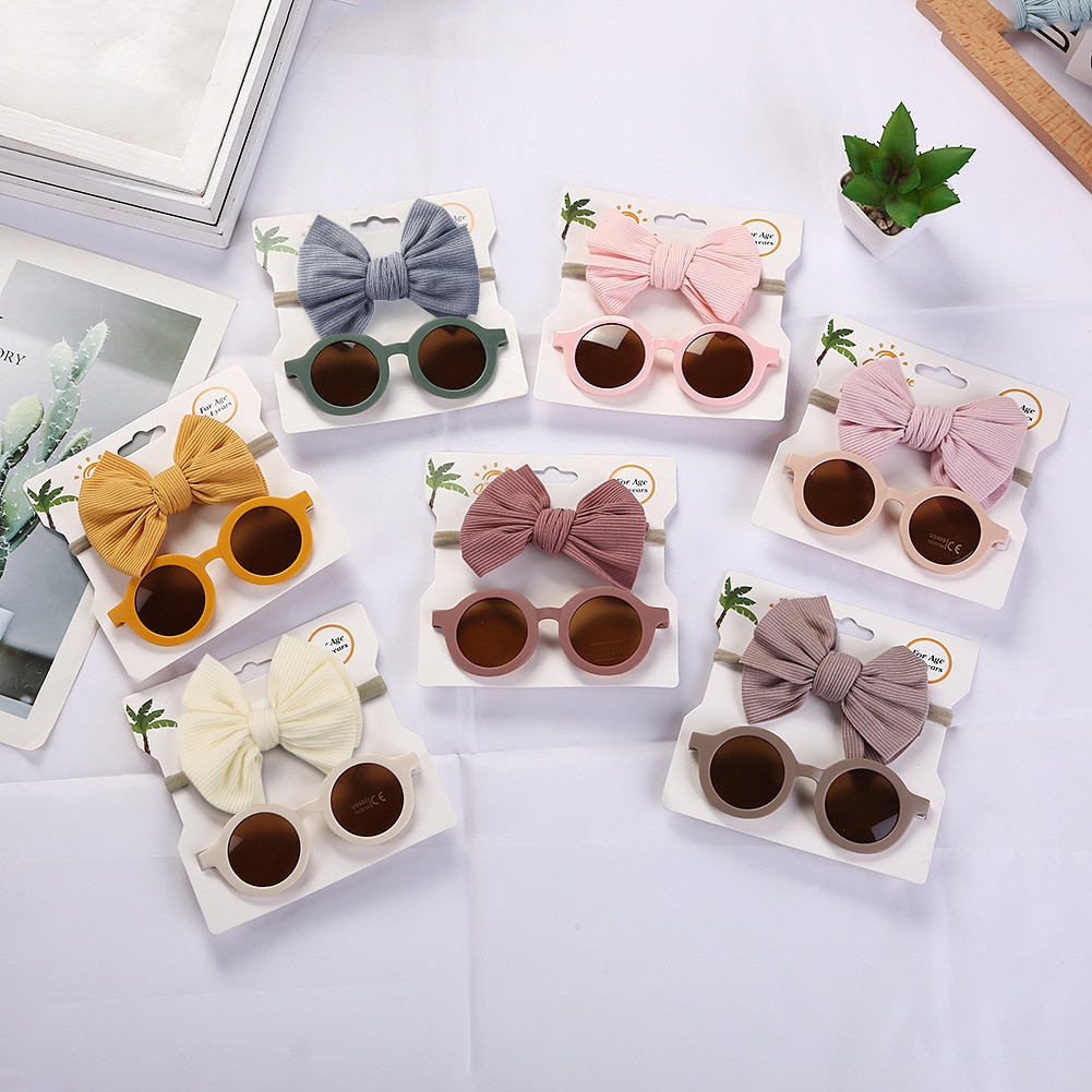 Summer Kids Bows Headband Round Sunglasses Solid Color Baby Hair Accessories Sun Protection Glasses Cute Girls Hairwear 2Pcs/set