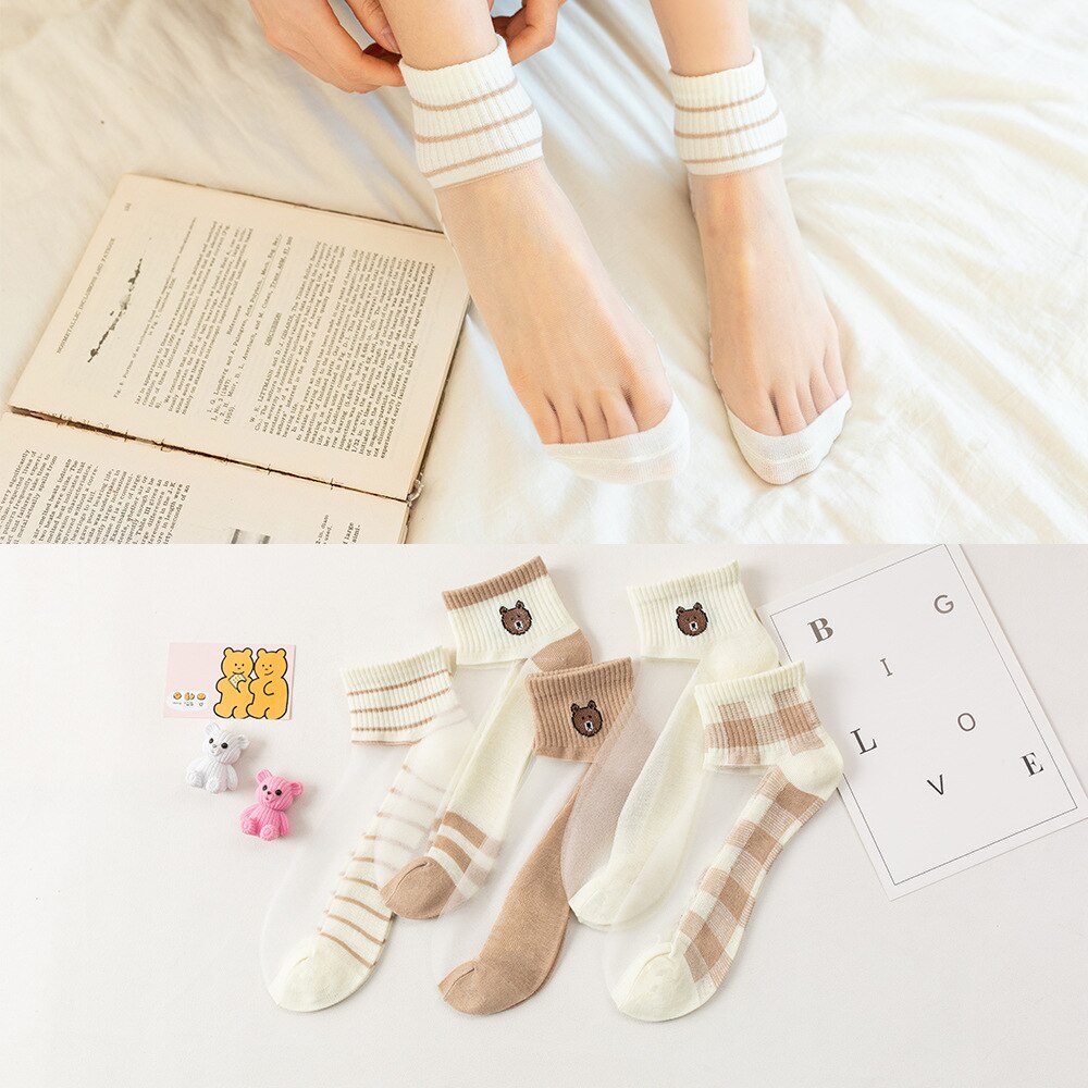 5Pairs/Lot Summer Women Cartoon Animal Lady Silk Socks Ankle Lace Ultra-thin Girls Transparent Glass Fiber Fashion Harajuku Cute
