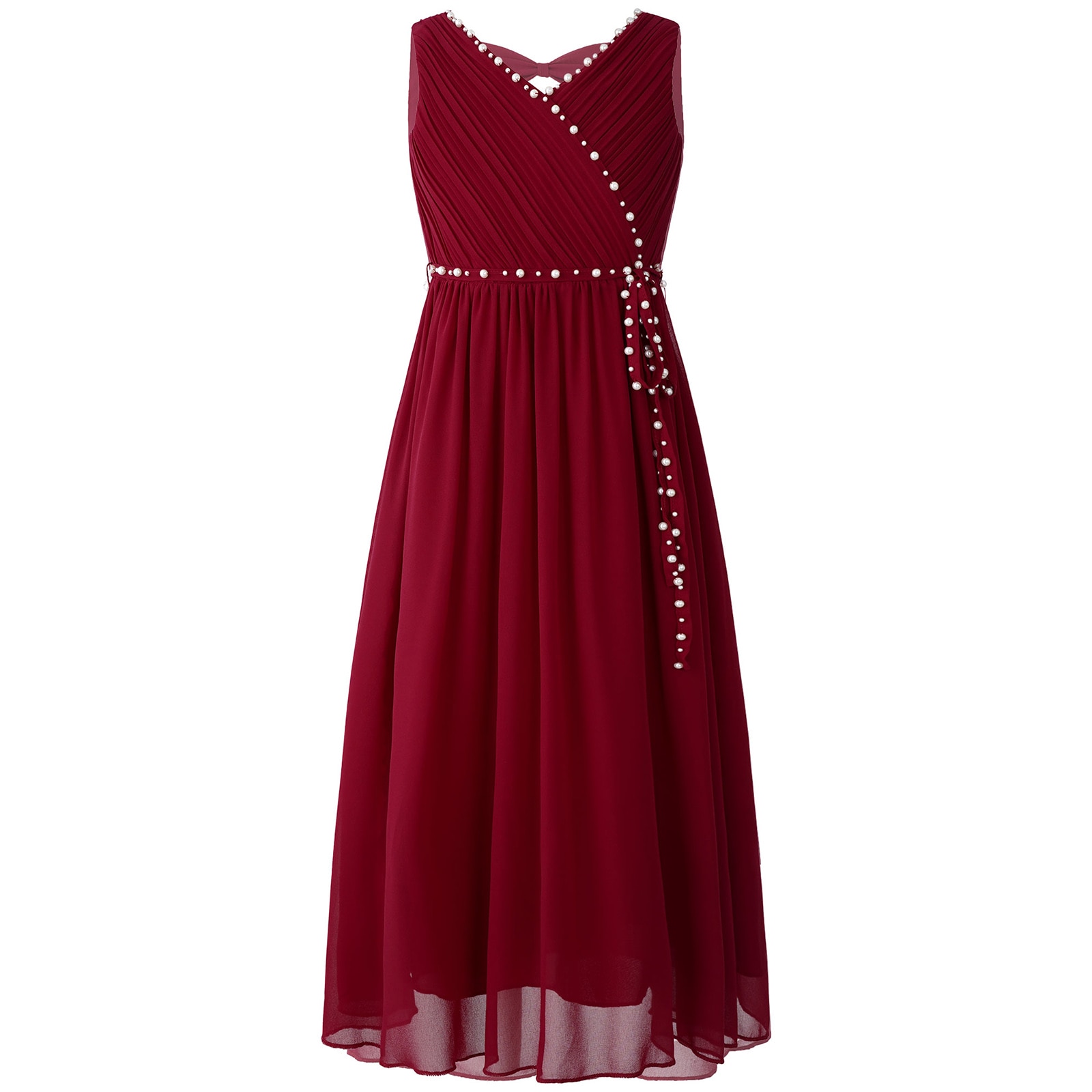 Flower Girls Dress Kids Chind Chiffon Wedding Bridesmaid Birthday Party Dress Sleeveless Bow Cut-out Ruched V Neck Summer Dress