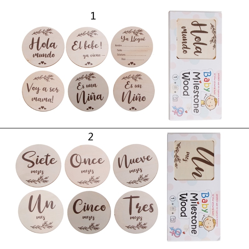 6 Pcs/Set Handmade Baby Milestone Cards Newborn Monthly Recording Cards Spanish Language Letters Leaves Print Photocards Infants