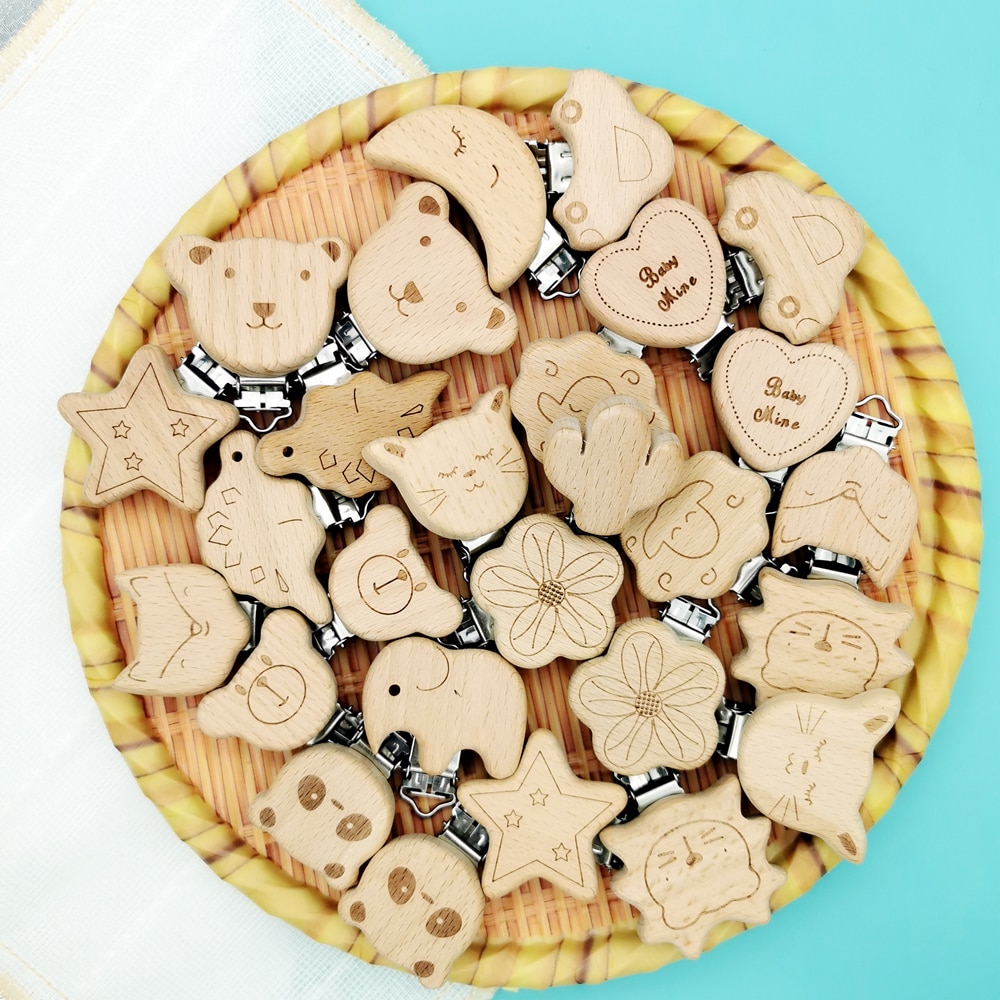 45*55mm Baby Cartoon Wooden Clips Baby Teething Pacifier Chain Necklace Accessories Safe Food Grade Nursing Chewing Kawaii Gifts