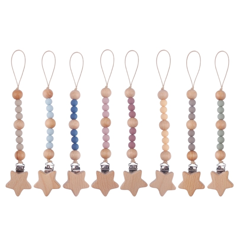 HUYU Wooden Beads Pacifier Holder with Clip Baby Wooden Teething Toy Christmas Gift
