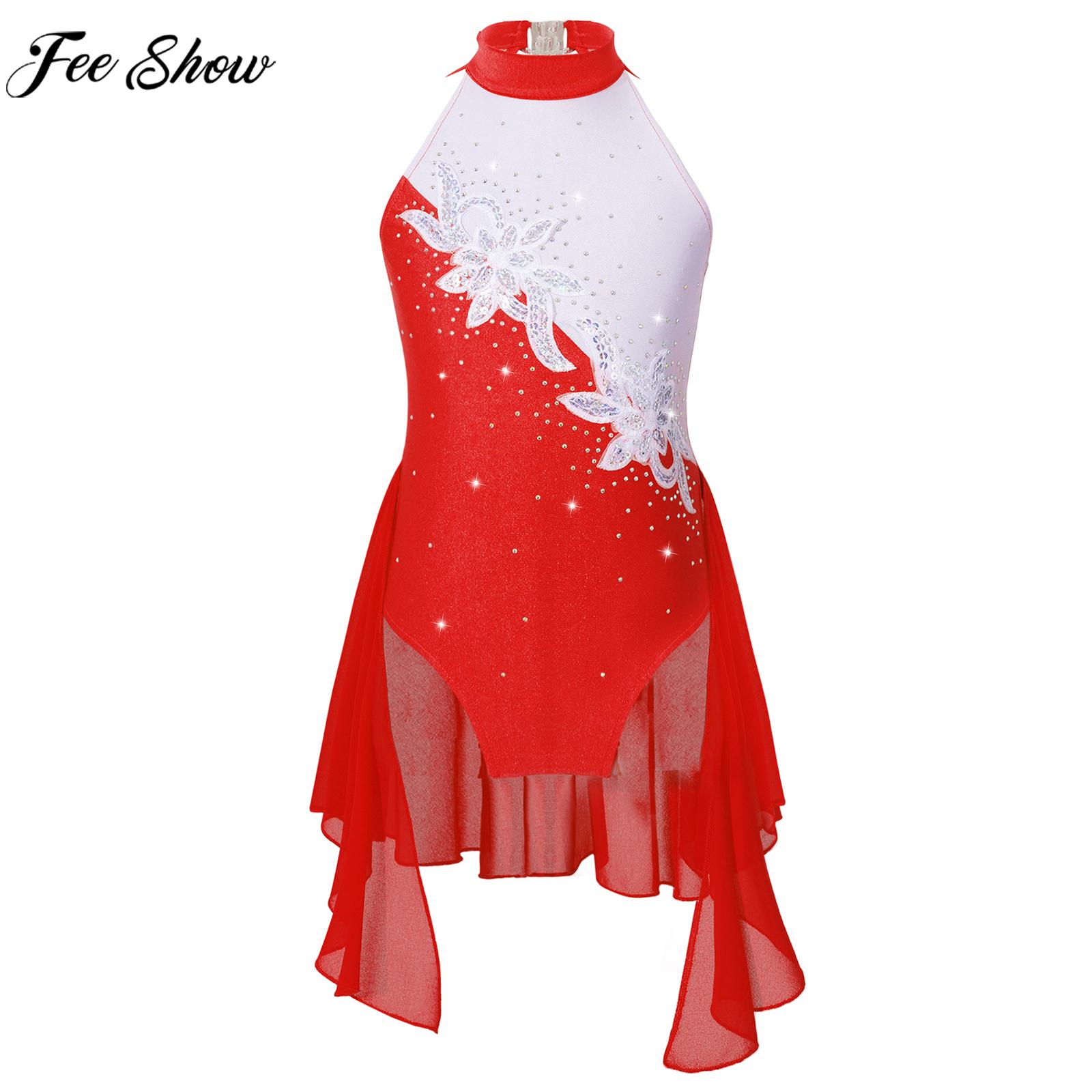 6-16Y Kids Girls Figure Skating Dress Lyrical Dance Ballet Gymnastics Leotard Tutu Sleeveless Shiny Rhinestone Sequin Dancewear