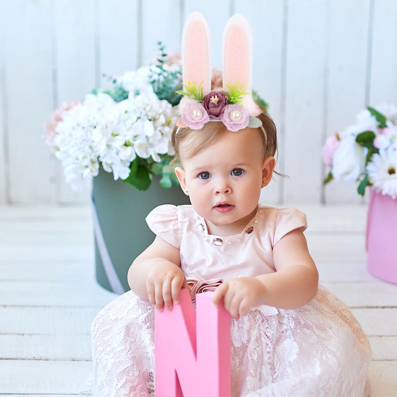 Easter Day Baby Headband Rabbit Ear Newborn Photography Props Boy Girl Nylon Hair Bands Artificial Flower Festival Headwrap