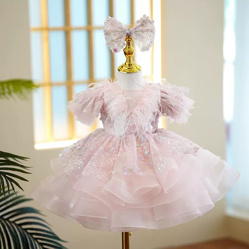 Baby Clothing Feather Sequin Design Baptism Birthday Party Gown Girls Christening Princess Dresses For Easter Eid Wedding Dress