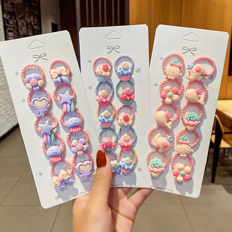 10Pcs/Set Baby Girls Fashion Elastic Hair Bands Cute Cartoon Flower Ponytail Toddler Hair Ties Rubber Bands Hair Accessories Set