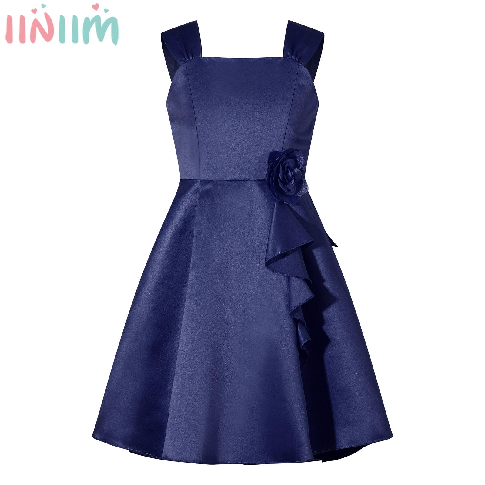 Kids Girls Elegant Applique Party Dress Sleeveless Satin A-Line Princess Dresses for Wedding Birthday Evening Stage Performance