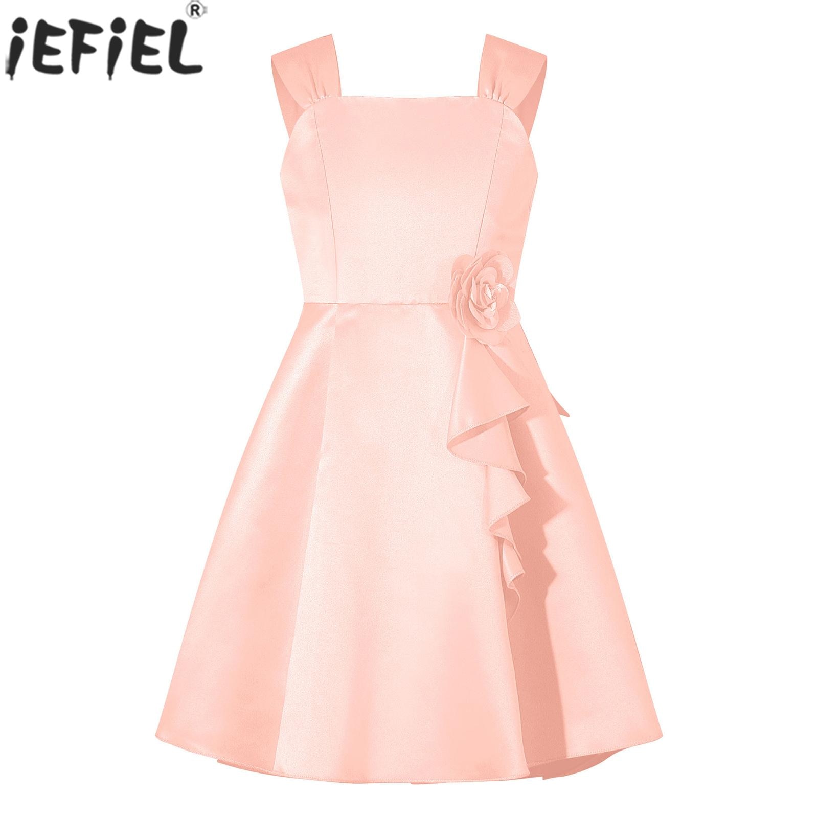 6-14Y Kids Girls Summer Party Dress Sleeveless Elegant Applique Satin A-Line Princess Dresses for Wedding Birthday Evening Prom