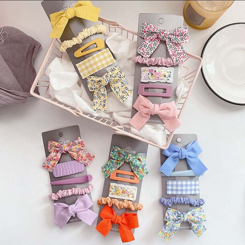 5pc/set Korean Little Girl Sweet Bow Floral Coffee Color Bang Side Clip Baby Girl Hair Accessories