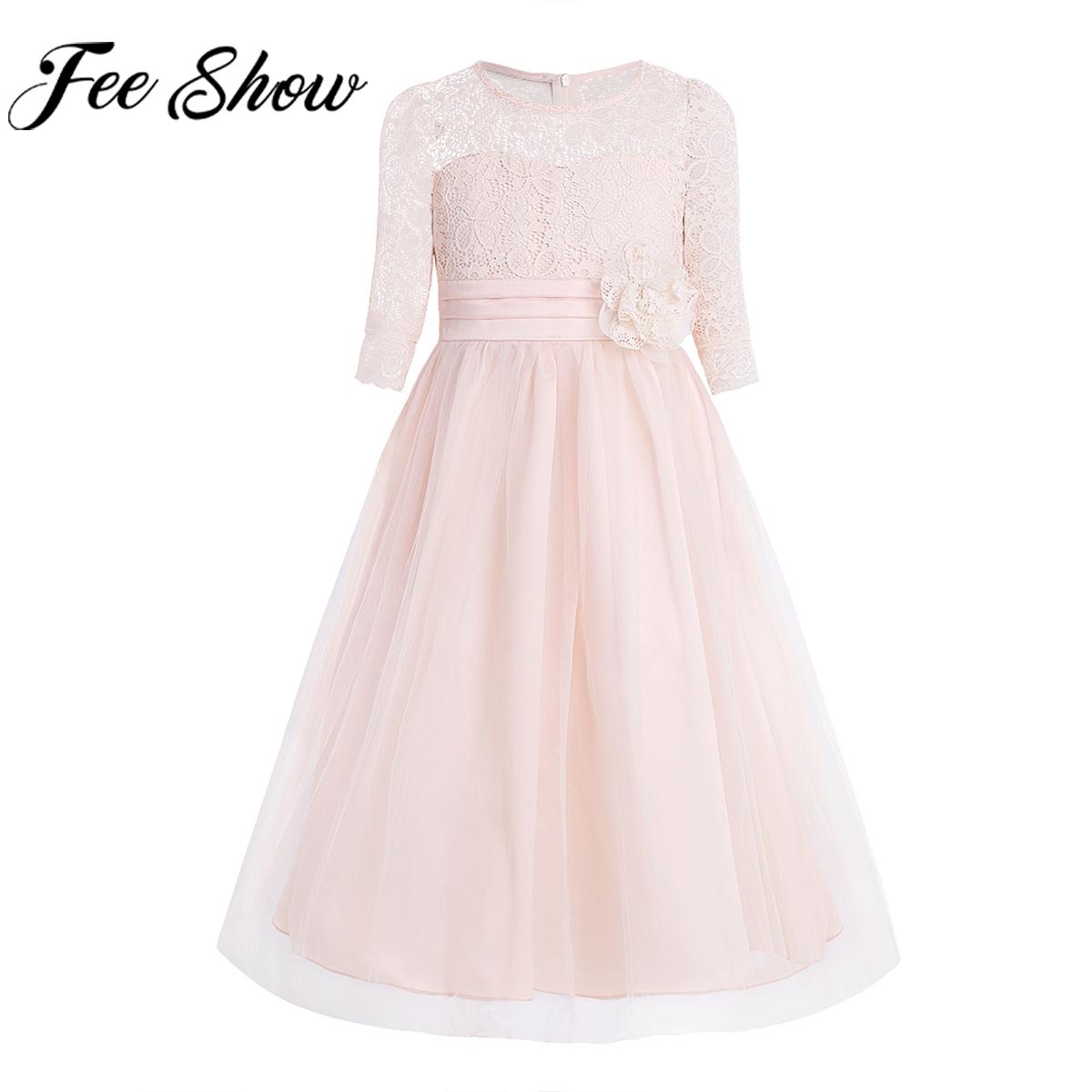 Children Wedding Flower Girl Bridesmaid Dresses Half Sleeve Elegant Lace Mesh Tutu Princess Birthday Evening Party Dress Gown