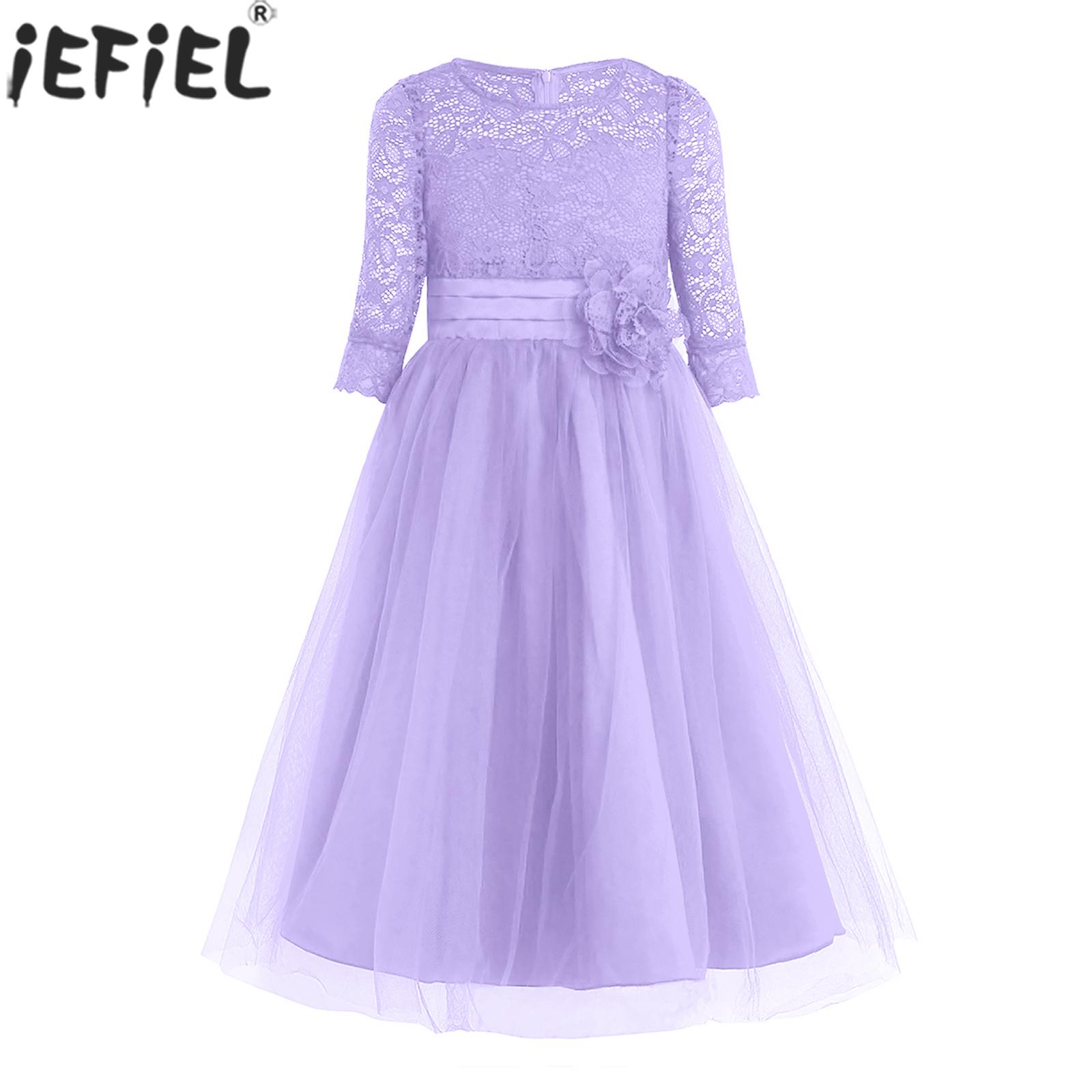 Girls Elegant Party Dress Half Sleeve Lace Mesh Tutu Wedding Flower Girl Bridesmaid Dresses Birthday Prom Evening Princess Gown