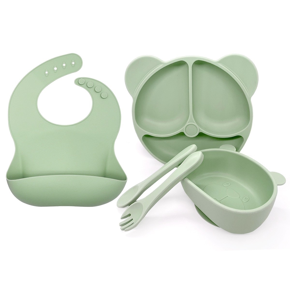3/5/6Pcs Silicone Baby Feeding Set BPA Free Suction Bowl Divided Plate Wood Handle Spoon Fork Silicone Bibs Children Tableware