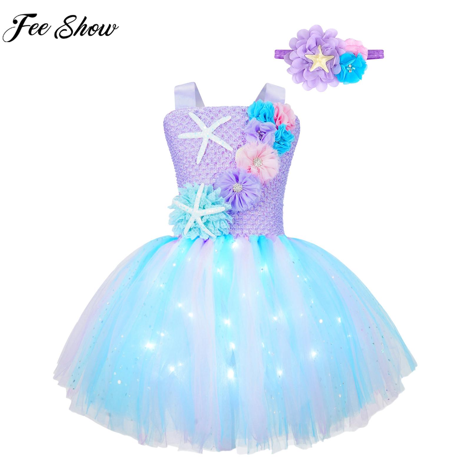 Children Girls Halloween Birthday Party Tutu Dress Sleeveless Shiny Lights Mesh Starfish Mermaid Princess Dress with Hair Hoop