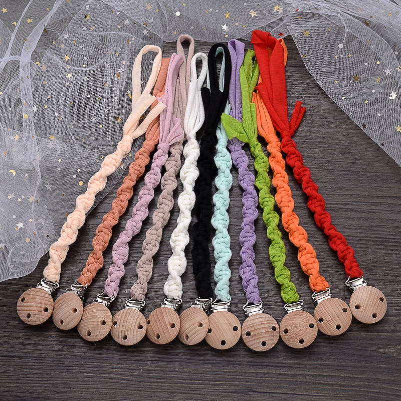 DIY Handmade Cotton Rope Woven Baby Pacifier Chain Beech Wood Dummy Holder Clip For Teething Nursing Toy Soother Nipple Chain