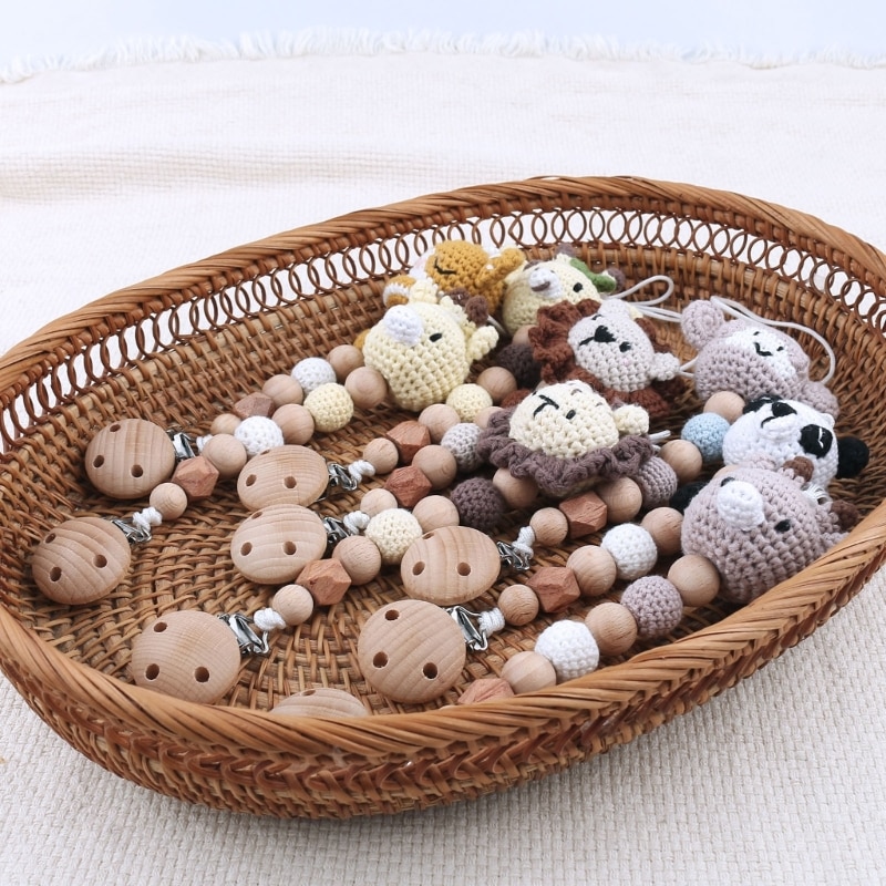 H37A No-lost Teether Clip Knitted Bead Pacifier Clip Teething Toy Newborn Shower Gift