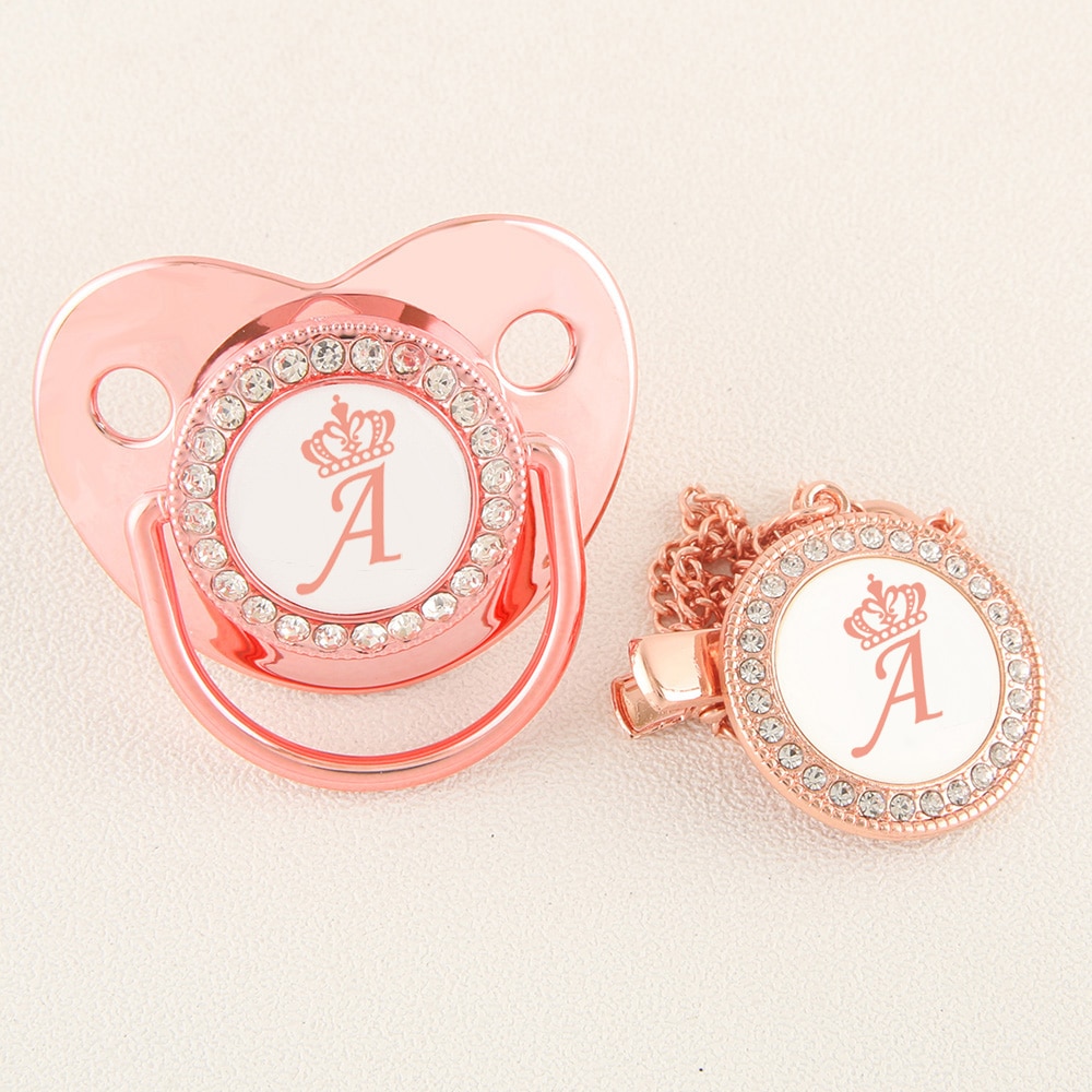 Rose Gold Crown 26 Name Initial Letter Baby Pacifier With Clip Food Grade Silicone Dummy Soother Bling Baby Pacifier Unique Gift