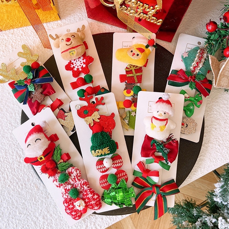 5pcs Children Hairpins Christmas Decoration Hair Clips Full Fabric Bang Side Clip Baby Headwear Girls Kids Hair Accessories