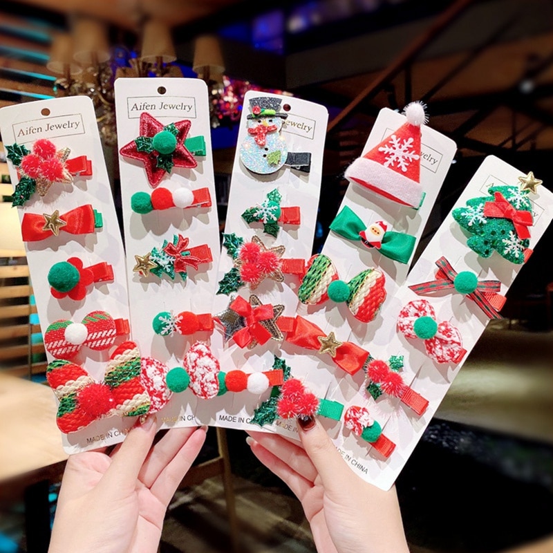 5/10 Pcs Suit Christmas Hair Clip Christmas Tree Santa Claus Hair Band Baby Hairpins Headwear Girl Christmas Hair Accessories