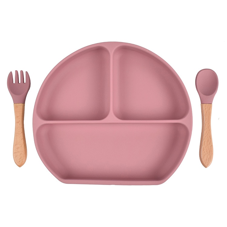Baby Bowl Spoon Fork Colorful Silicone Dinner Plate Powerful Suction Cup BPA Free Wooden Handle Fork Spoon Child Feeding Set