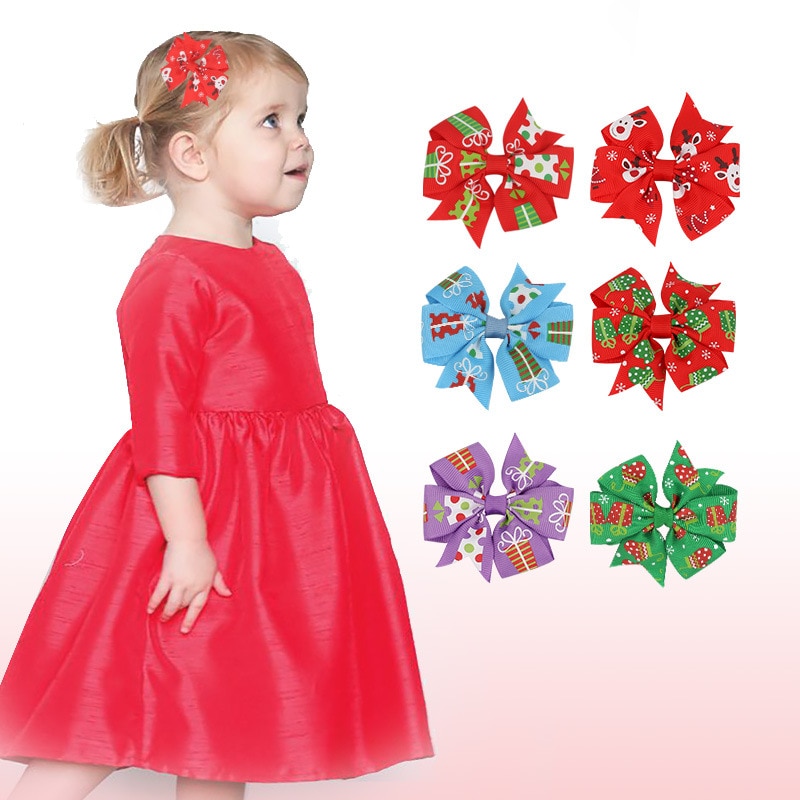 6 Color Kids Girls Christmas Bow Hairpin Hair Clips Accessories Baby Headwear Holiday Party Gifts Children's Headdress New