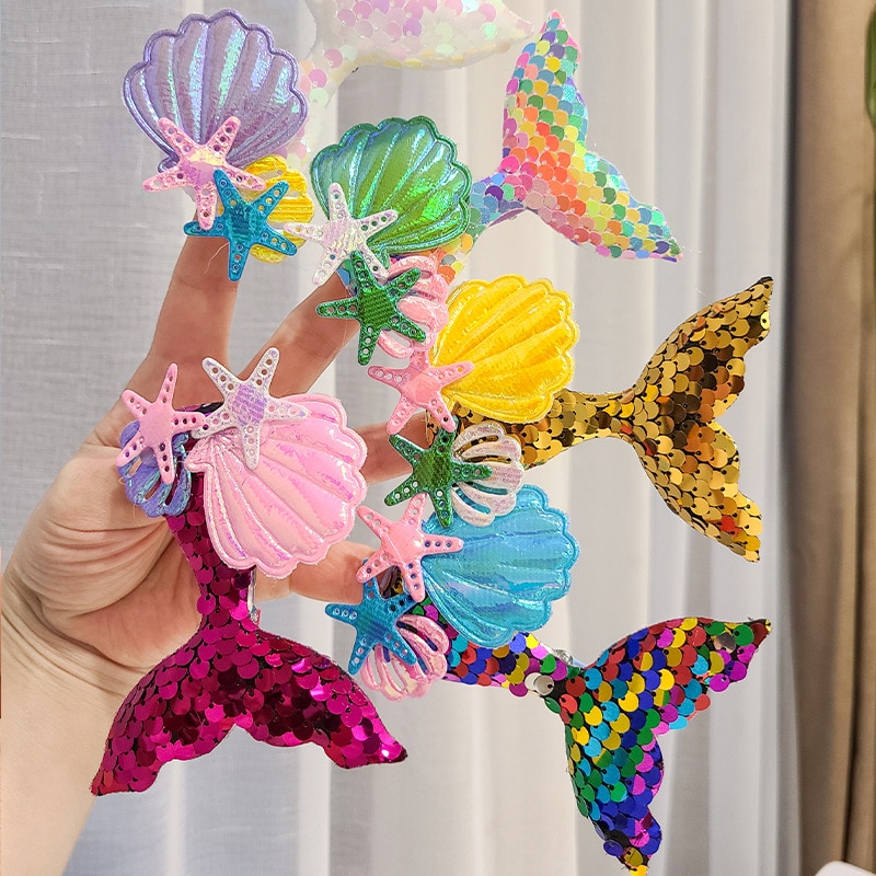2023 New Kids Headwear Sequins Fishtail Hairpin Child Starfish Colorful Hair Clip Girls Princess Birthday Holiday Party Gift