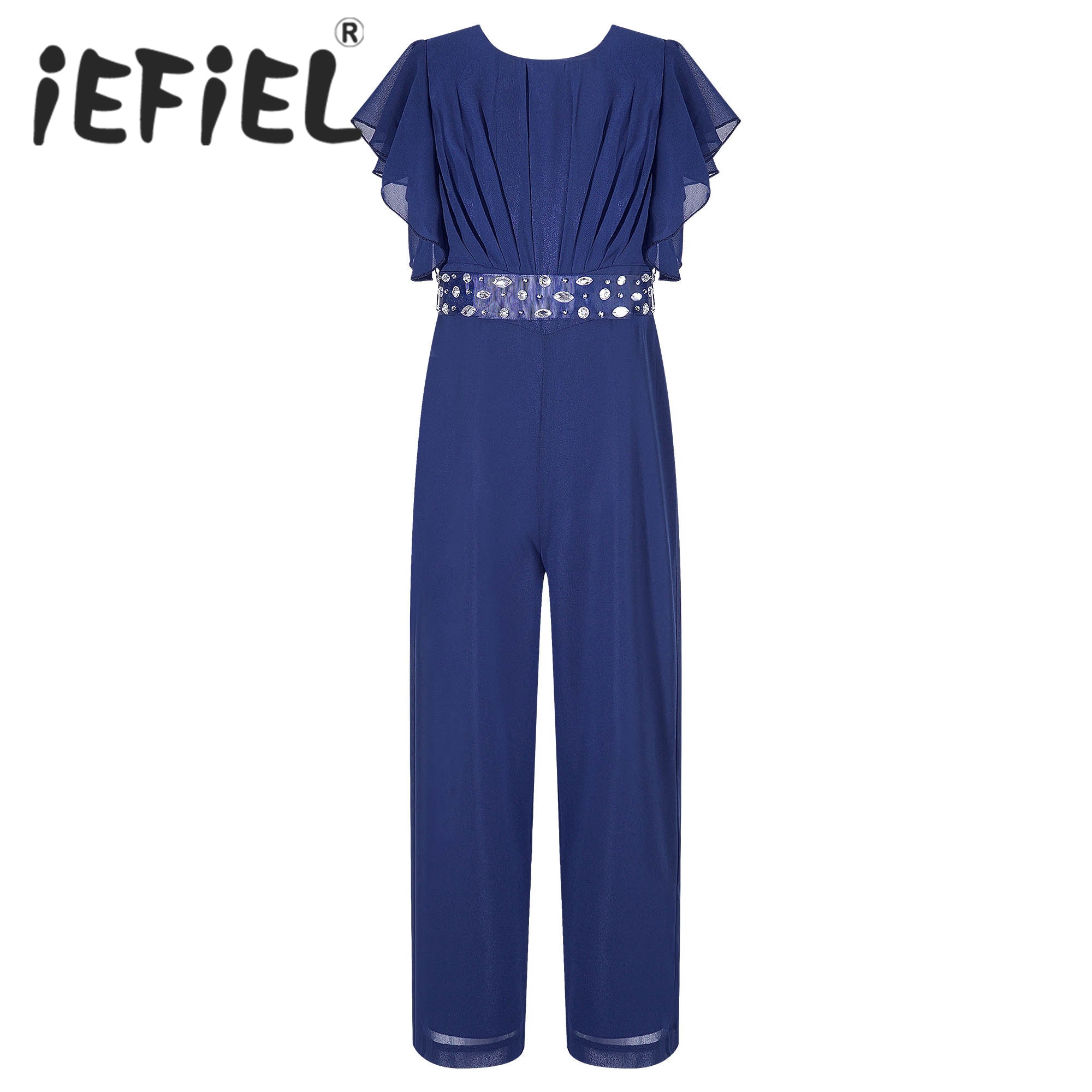 Kids Girls Chic Chiffon Long Jumpsuit Ruffle Sleeve Ruched Chest Wide Leg Summer Romper with Belt for Wedding Bridesmaid Party