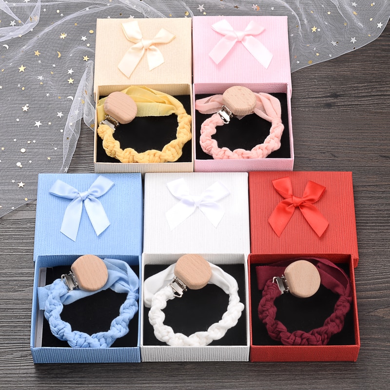 Wooden Boxed Baby Nipple Clips For Teething Nursing Toy Handmade Cotton Crochet Infant Soother Dummy Holder Chain Shower Gift