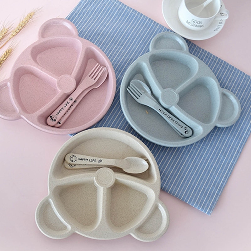 Baby Bowl+spoon+fork Feeding Food Tableware Cartoon Bear Kids Dishes Baby Eating Dinnerware Set Anti-hot Training Plate