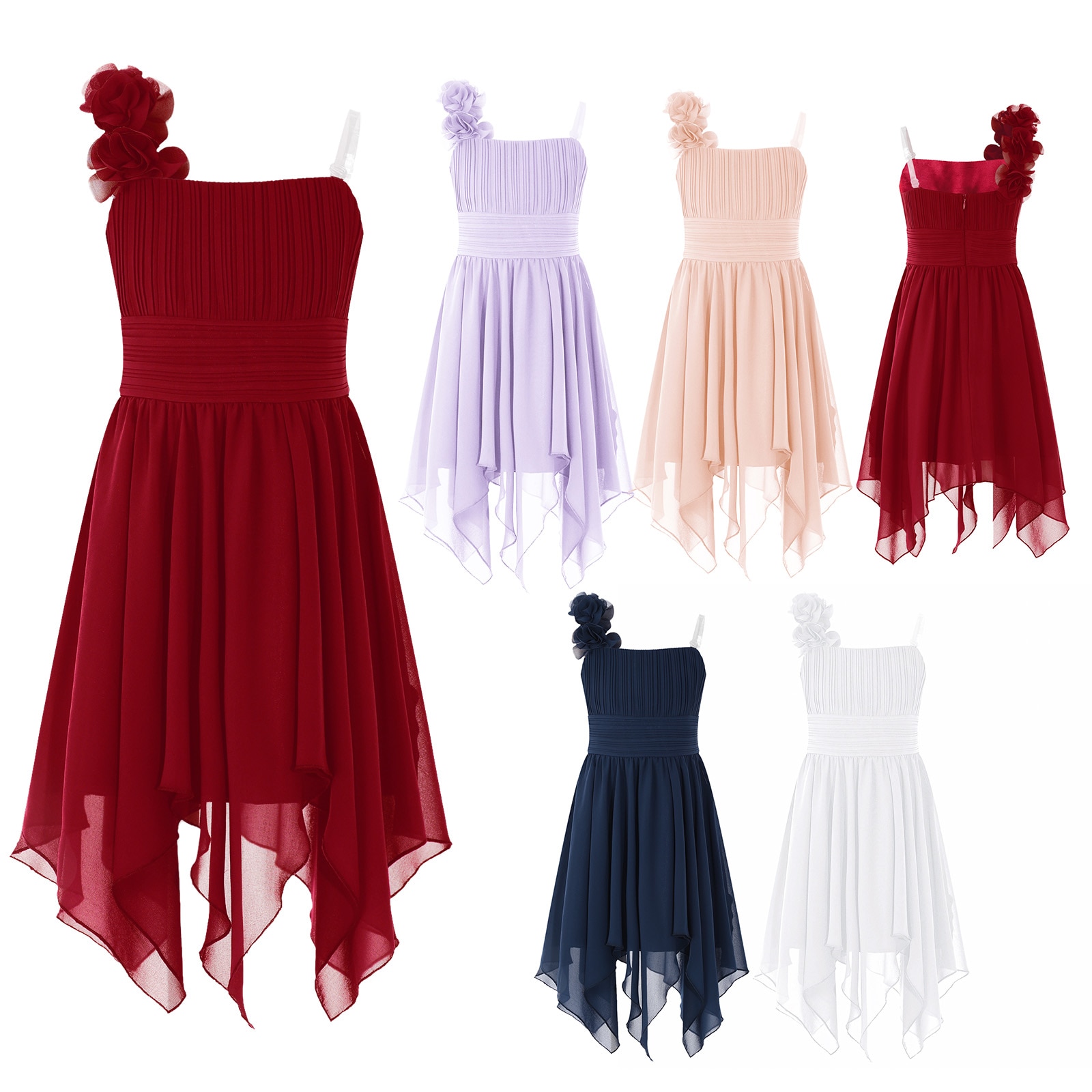 Summer Chiffon Tulle Girls' Junior Chiffon One Shoulder Flowers Bridesmaid Party Dance Prom Dress Formal Ball Prom Gown Dre