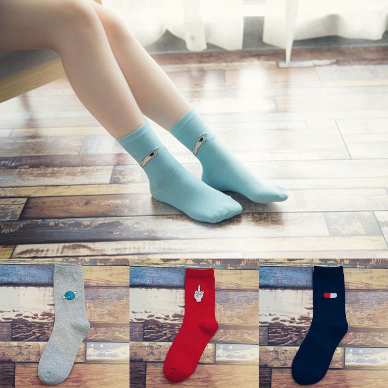 Autumn Winter Women Harajuku Style Candy Color Cartoon Printing Cotton Socks