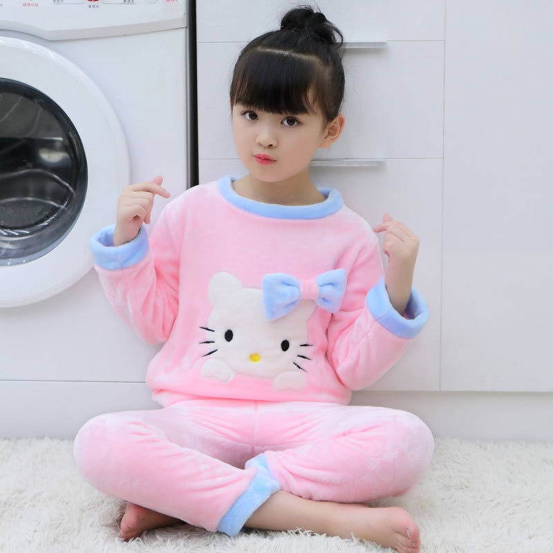 Children's Flannel Pyjamas Blue Pink Girls Pijamas Autumn Thickened Clothes Children Cartoon Coral Velvet Suit Kids Pajamas