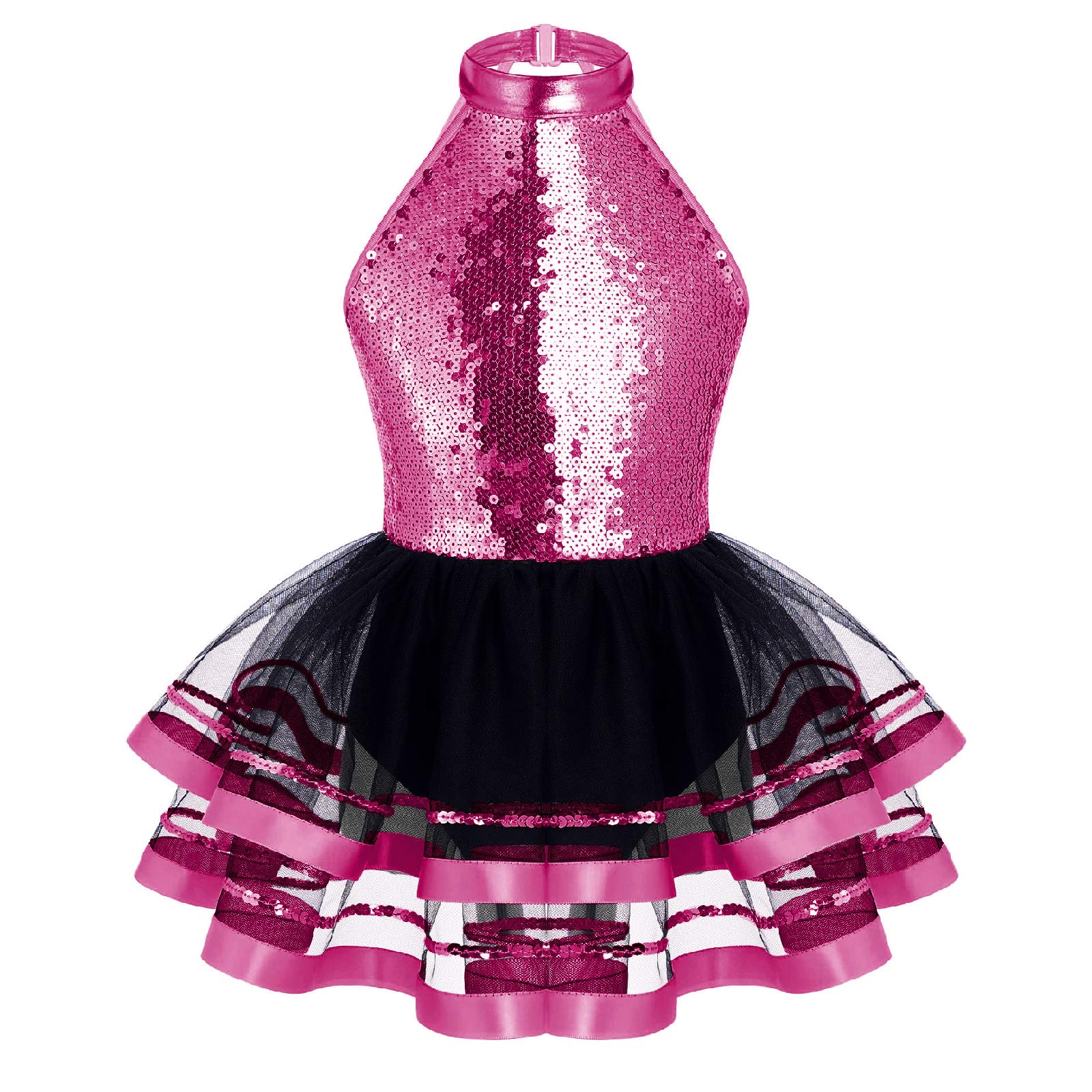 Kids Girls Dance Party Gown Dress Sleeveless Round Neckline Sparkling Sequins Dresses Straps Backless Tutu Mesh Dance Dress