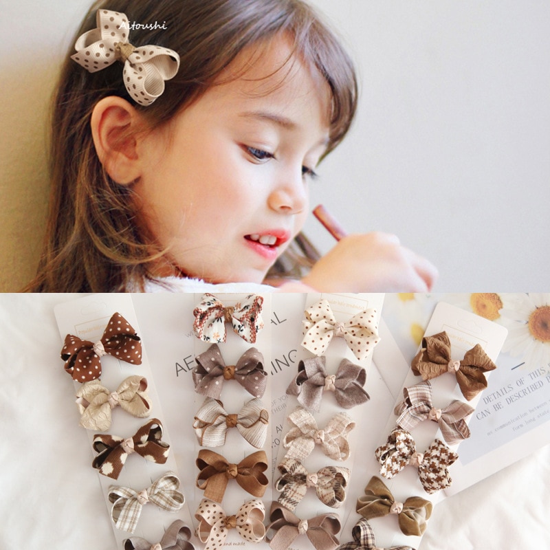 5pcs/set Korean Kids Coffee Color Hair Pin Bow Plaid Dot Hair Clips for Children Headwear Girls Kids Hair Accessories