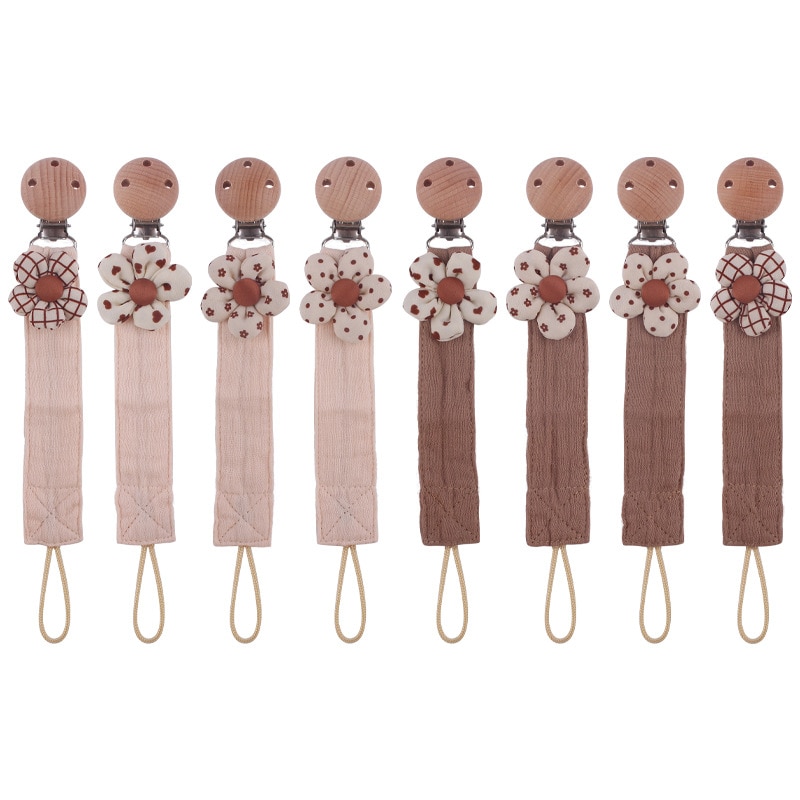 Cartoon Cotton Flower Baby Nipple Chain Baby Soother Nipple Chew Chains Wooden Soother Dummy Holder Clips Boy Girl Shower Gift