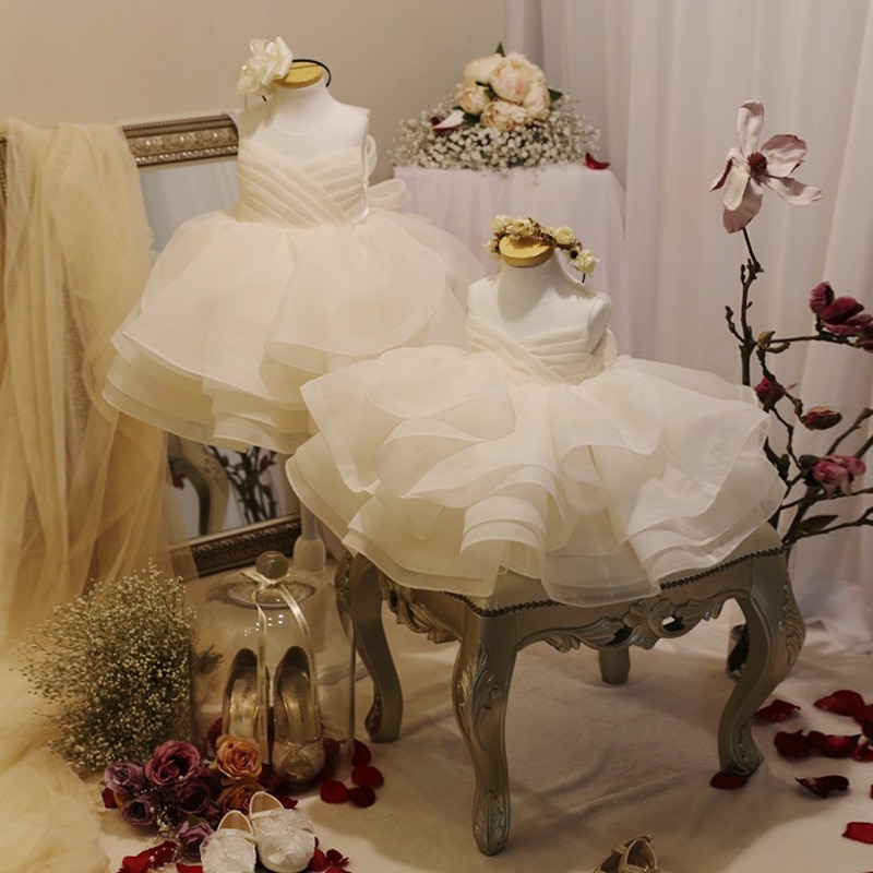 Baby Girl Dress Round Collar Sleeveless Bow Gown Princess Dresses Evening Party Wedding Formal Clothes Fluffy Vestidos For Kids