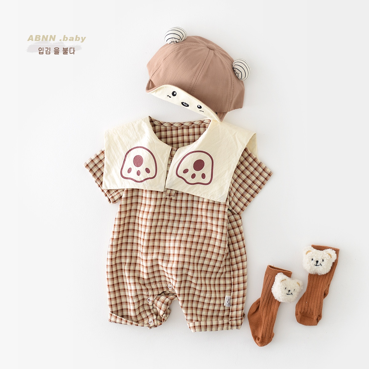 Jenny&DaveSummer New 2023 Baby Bear Checker Wrap Farewell Romper Boys and Girls Baby Large Polo Cartoon Bodysuit Children
