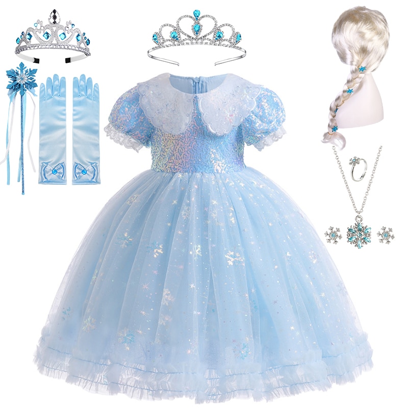 Elegant Snow Queen Shiny Sequin Princess Elsa Dress for Girls Birthday Party Halloween Kids Flower Snowflake Masquerade Costume