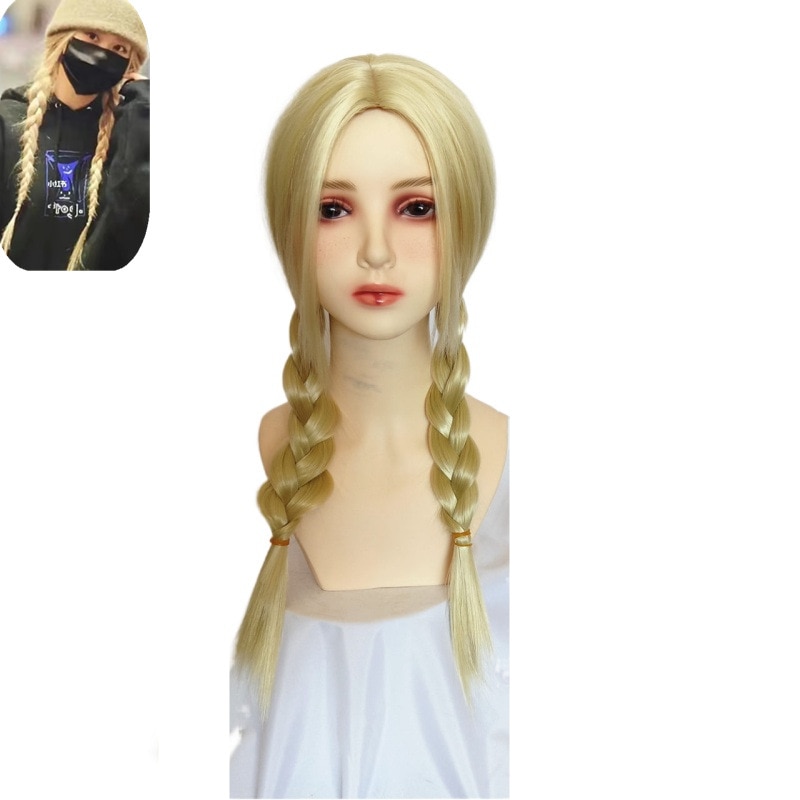Blonde Long Wig for Kids Children Golden Hair Accessories Girl Aureate Full Head Cover Double Ponytail Braid 8y- Adult Headdress