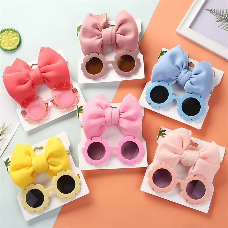 New Baby Girls Hair Accessories Fashion Sun Flower Sunglasses Bow Hairband Set Newborn Head Bands Summer Beach Photography Props