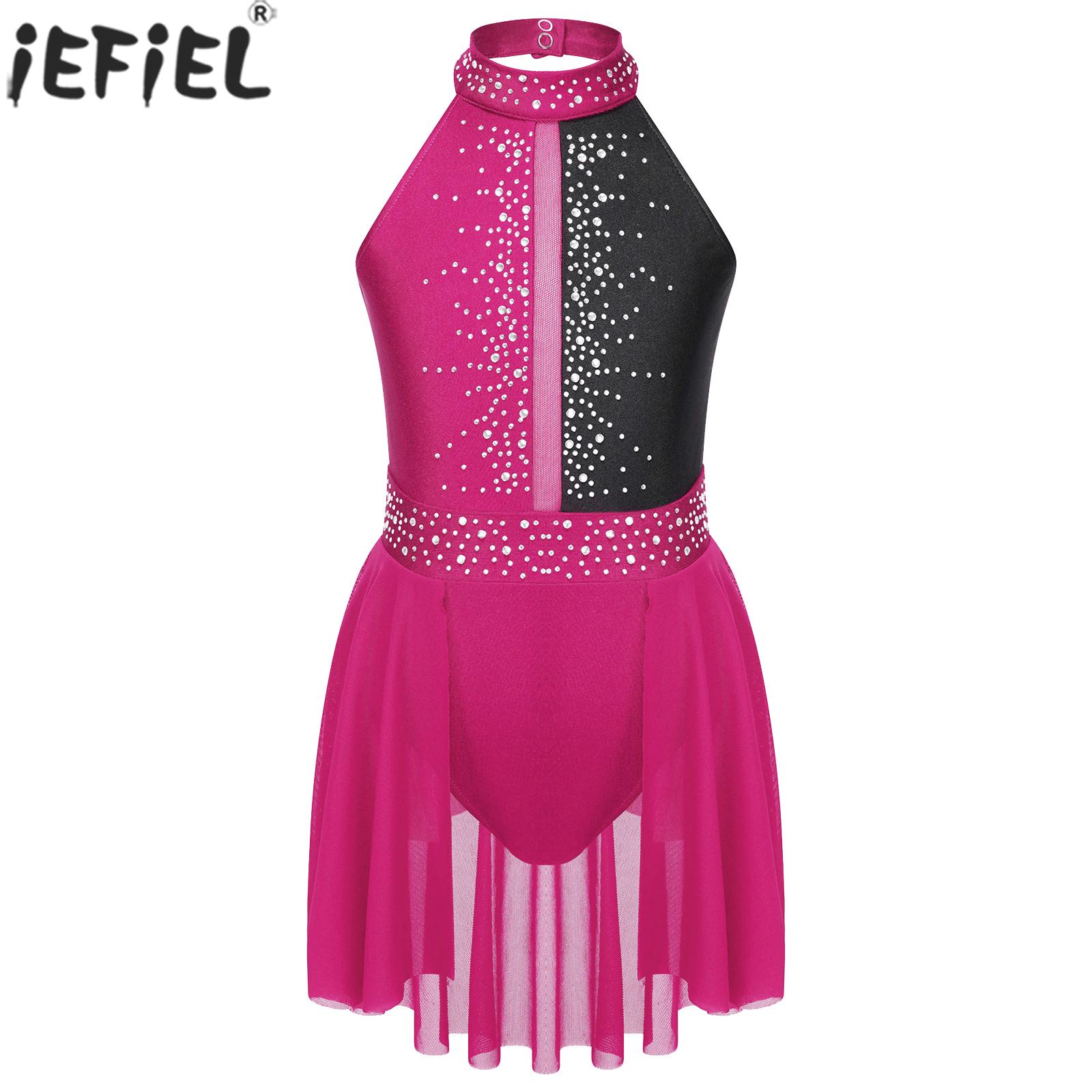 Kids Lyrical Dance Dance Dress Girls Sleeveless Shiny Rhinestone Dancewear Ballet Figure Skating Gymnastics Performance Leotard
