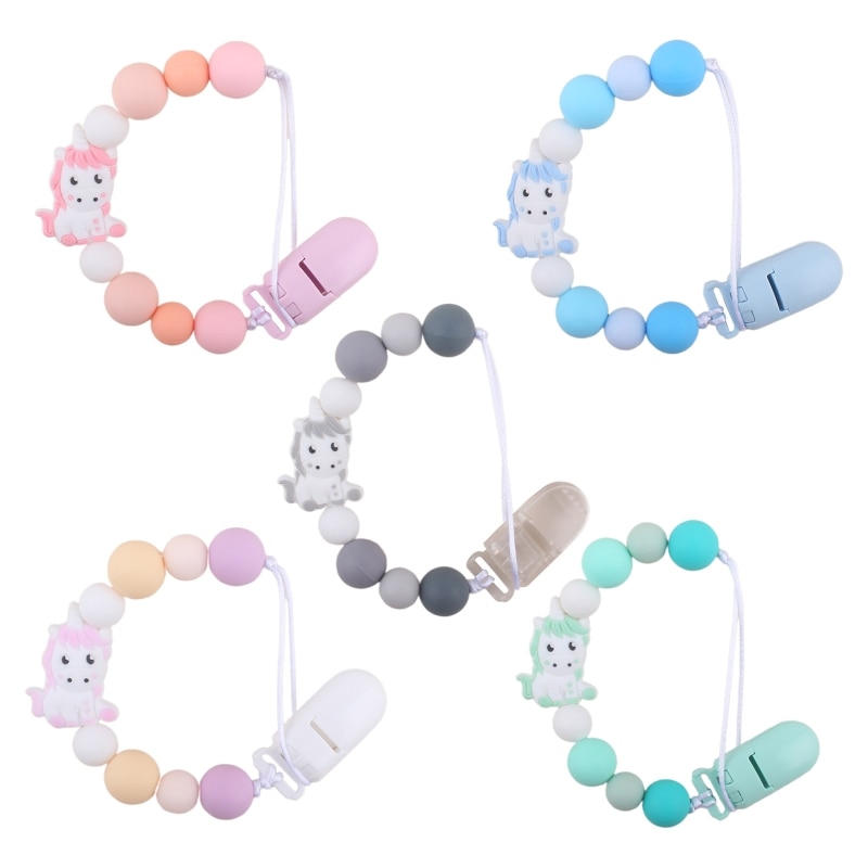Pacifier Chain Clip Silicone Chewable Beads Dummy Clip Holder for Newborn Girls Boys Teething Chewing Training