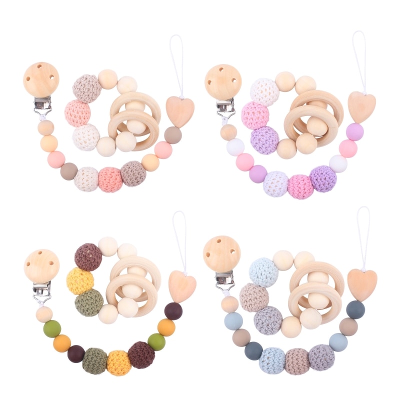 Wooden Pacifier Clips for Baby Silicone Cartoon Teething Bracelet Teether Toy